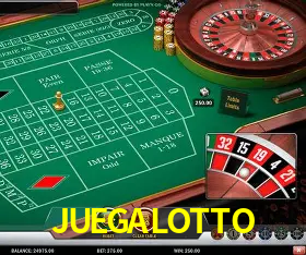Escena dinámica inspirada en casino con iluminación JUEGALOTTO, cartas, fichas e íconos de juegos digitales en un espacio moderno de juegos.