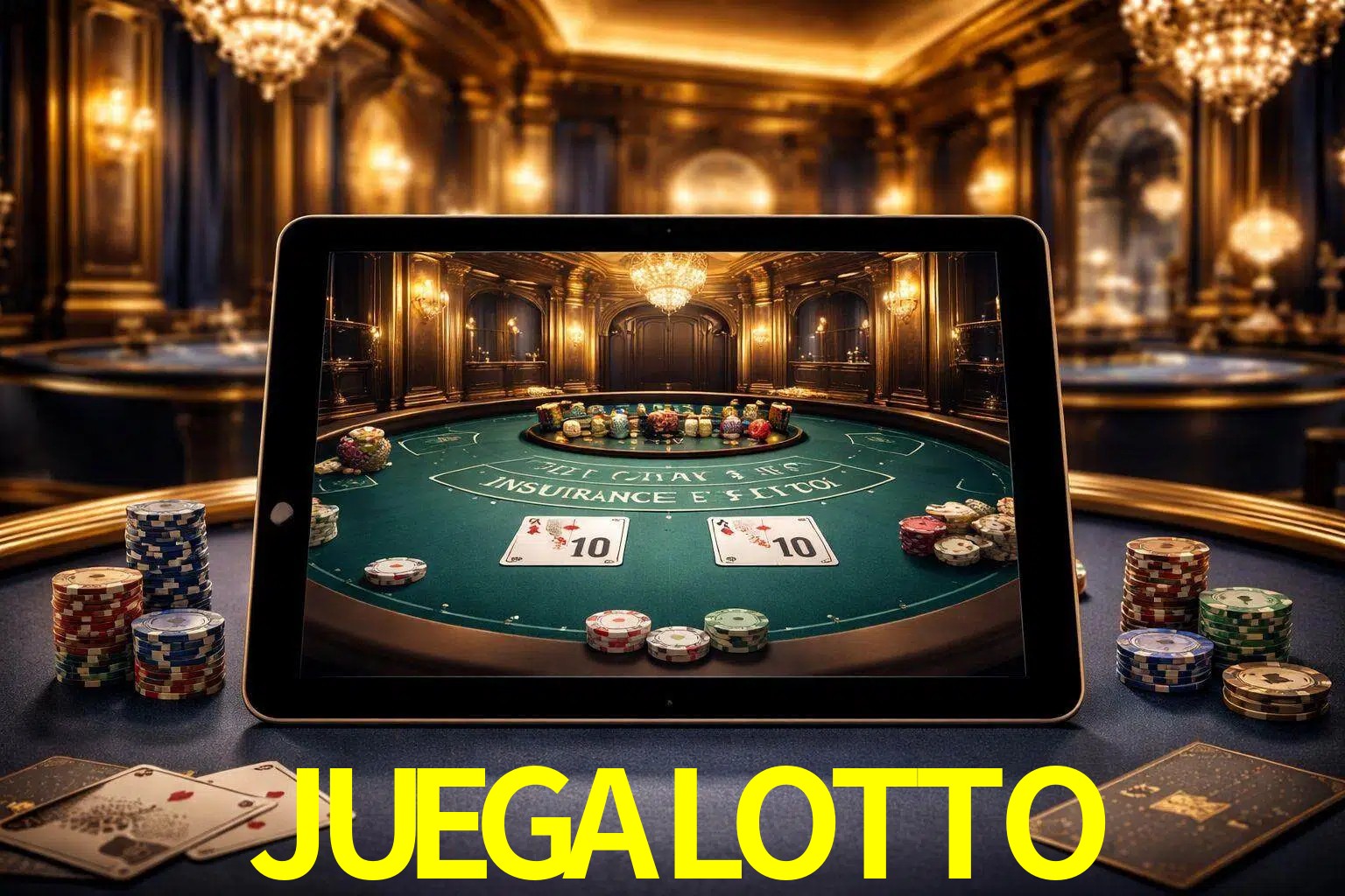 Configuración moderna de casino en vivo con una tableta mostrando una mesa de blackjack, luces cálidas de estudio y una atmósfera elegante de juegos digitales.