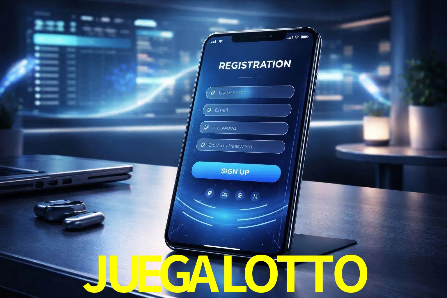 Una interfaz moderna de registro móvil para JUEGALOTTO mostrada en un smartphone con un panel de apuestas elegante.